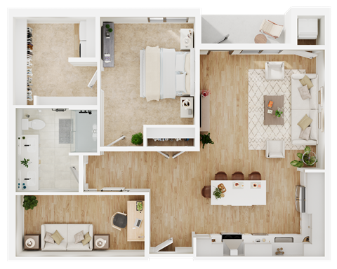 Floor plan for 1 bed, 1 bath, 1053 sqft